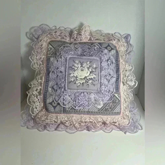 Vintage Cottage-core Lace Embroidered/ Quilted Pillow - Picture 2 of 6